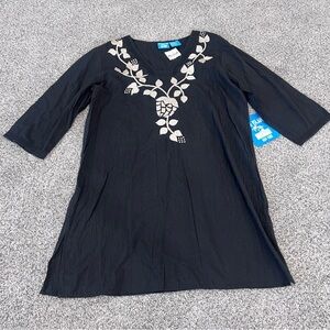 NWT Blue Island Beach Cover up Tunic Dress Womens Size M Black Cream Embroidery